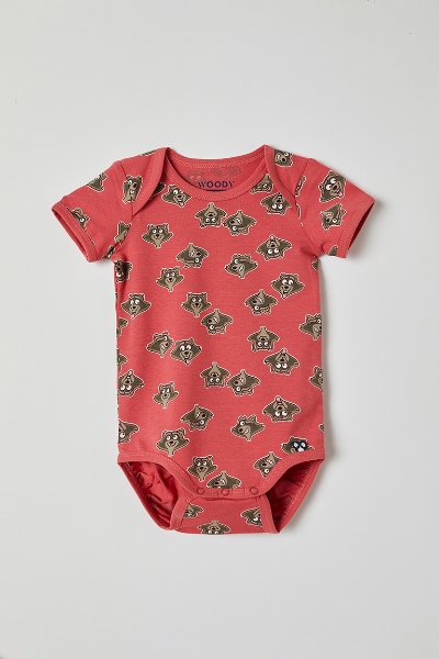 Resim Pamuklu Bebek Body-Res - 926-Rakun Baskılı Gül Kırmızısı