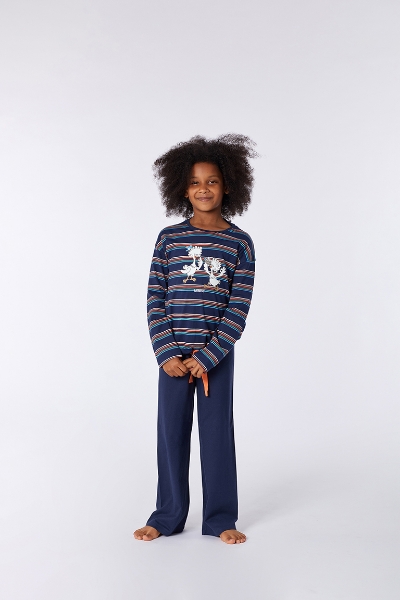 Resim 2-8 Yaş Kız Çocuk Pijama-Bsl - 901-Boğa Temalı Çizgili Koyu Lacivert