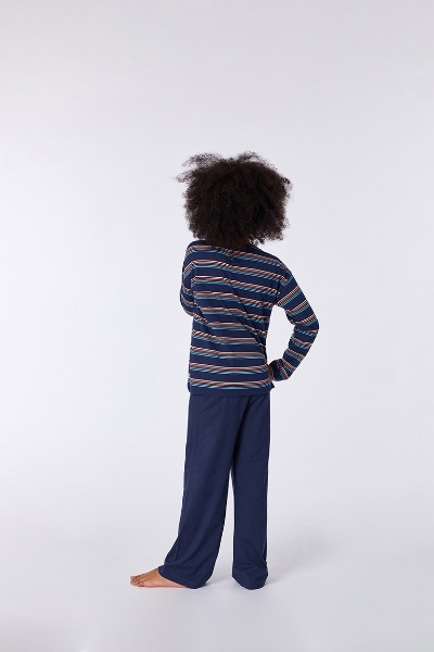 Resim 2-8 Yaş Kız Çocuk Pijama-Bsl - 901-Boğa Temalı Çizgili Koyu Lacivert