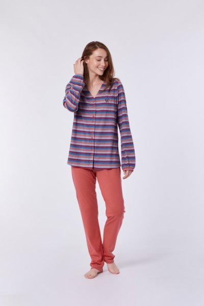 Resim Kadın Pijama-Pıl - 904-Rakun Temalı Çizgili Kiremit