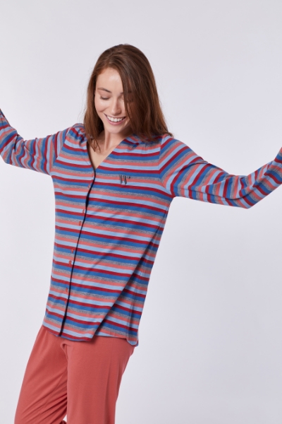 Resim Kadın Pijama-Pıl - 904-Rakun Temalı Çizgili Kiremit