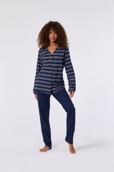 Resim Kadın Pijama-Pıl - 901-Boğa Temalı Çizgili Koyu Lacivert