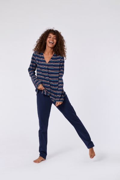 Resim Kadın Pijama-Pıl - 901-Boğa Temalı Çizgili Koyu Lacivert