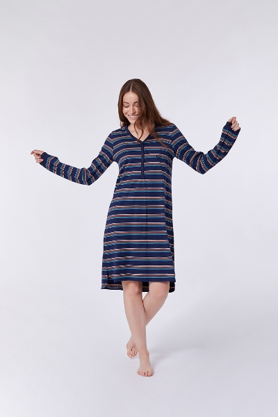 Resim Kadın Gecelik-Sıx - 901-Boğa Temalı Çizgili Koyu Lacivert