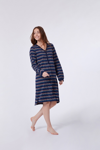 Resim Kadın Gecelik-Sıx - 901-Boğa Temalı Çizgili Koyu Lacivert