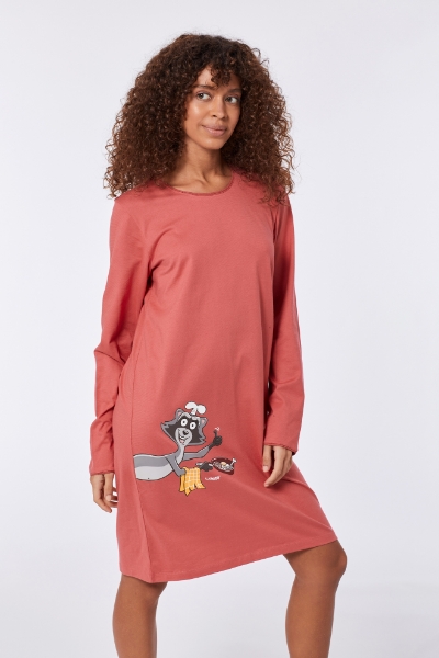 Resim Kadın Gecelik-Pol - 437-Rakun Temalı Gül Kırmızısı