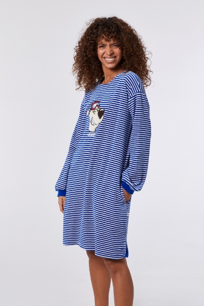 Resim Kadın Gecelik-Nıl - 912-Kutup Ayısı Temalı Çizgili Ekru