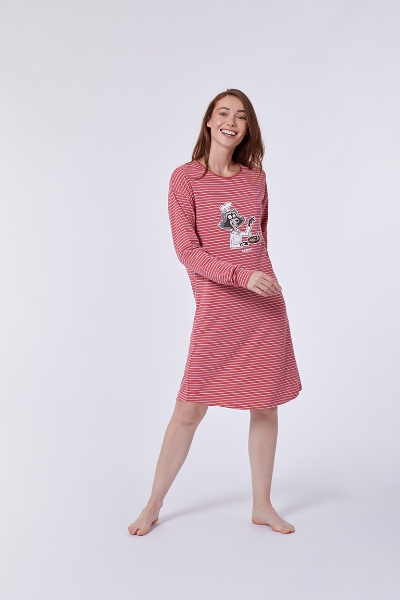Resim Kadın Gecelik-Dzf - 923-Rakun Temalı Çizgili Kırmızı