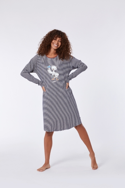 Resim Kadın Gecelik-Dzf - 916-Boğa Temalı Çizgili Lacivert 