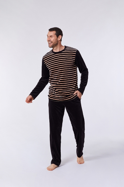 Resim Kadife Erkek Pijama-Mrl - 934-Kutup Ayısı Temalı Çizgili Sütlü Kahve