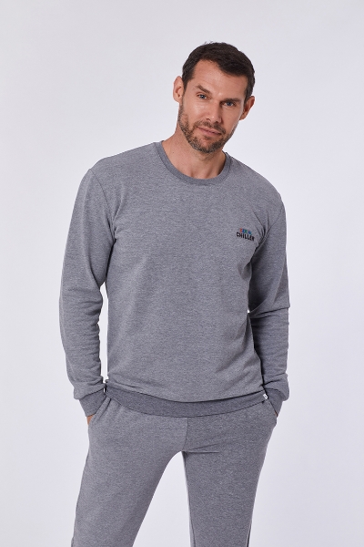 Resim Sweatshirt-Qld - 125-Rakun Temalı Gri Melanj