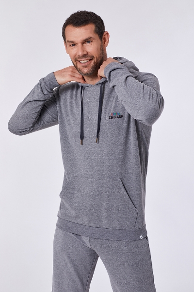 Resim Kapüşonlu Sweatshirt-Qle - 125-Rakun Temalı Gri Melanj