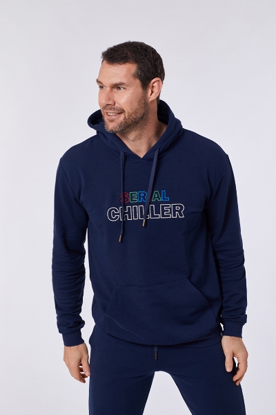 Resim Kapüşonlu Sweatshirt-Qle - 885-Boğa Temalı Koyu Lacivert