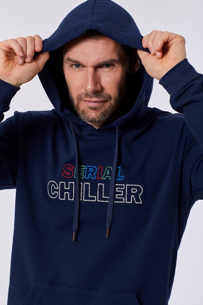 Resim Kapüşonlu Sweatshirt-Qle - 885-Boğa Temalı Koyu Lacivert