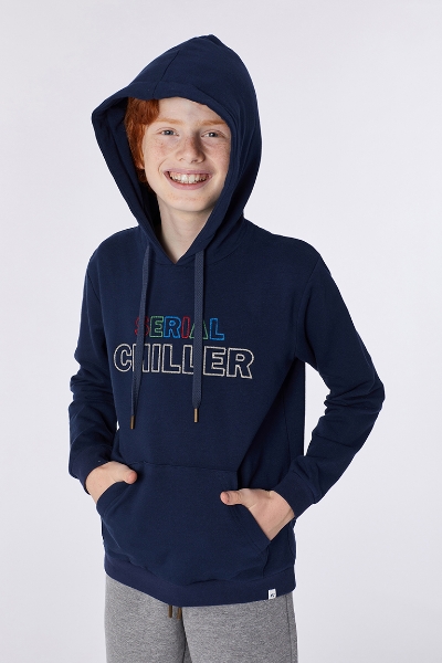 Resim Kapüşonlu Sweatshirt-Qle - 885-Boğa Temalı Koyu Lacivert