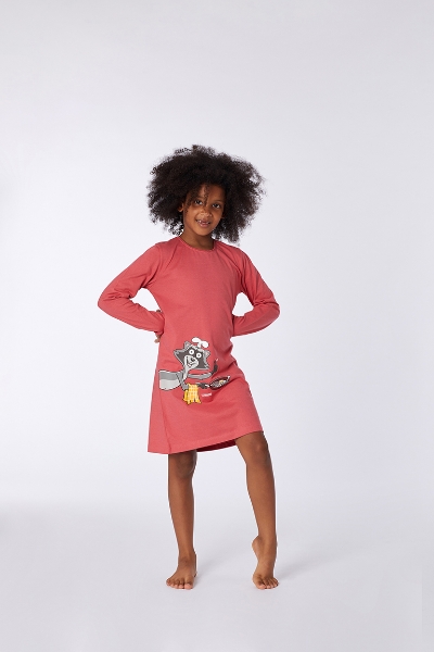 Resim 10-16 Yaş Kız Çocuk Gecelik-Pol - 437-Rakun Temalı Gül Kırmızısı