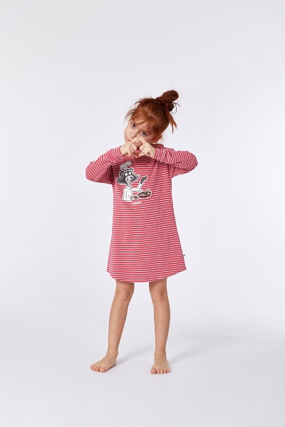 Resim 10-16 Yaş Kız Çocuk Gecelik-Dzf - 923-Rakun Temalı Çizgili Kırmızı