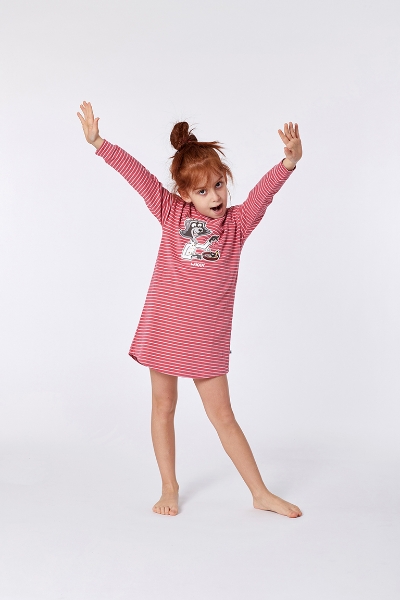 Resim 10-16 Yaş Kız Çocuk Gecelik-Dzf - 923-Rakun Temalı Çizgili Kırmızı