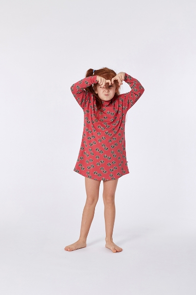 Resim 2-8 Yaş Kız Çocuk Gecelik-Dzf - 926-Rakun Baskılı Gül Kırmızısı