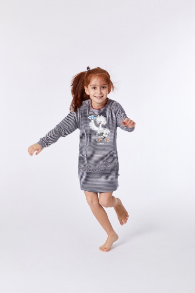 Resim 2-8 Yaş Kız Çocuk Gecelik-Dzf - 916-Boğa Temalı Çizgili Lacivert 