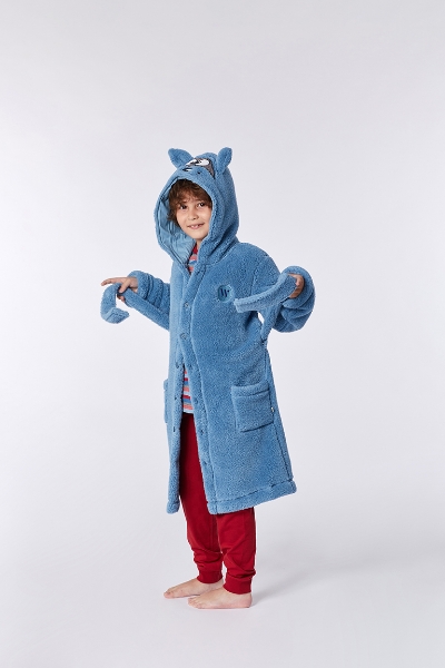Resim 2-8 Yaş Yumuşak Bornoz Sabahlık-Rom - 858-Rakun Temalı Duman Mavisi