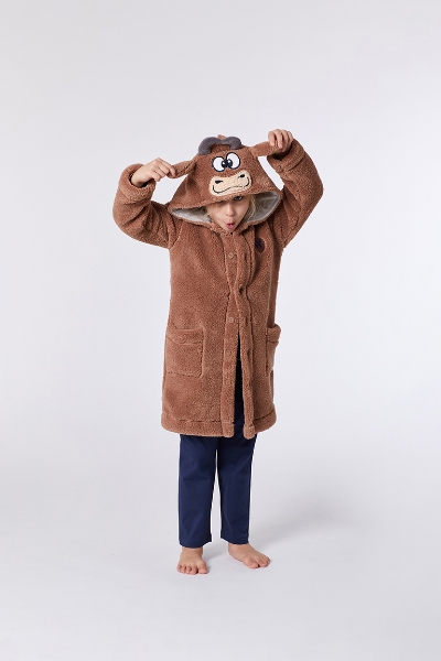 Resim 2-8 Yaş Yumuşak Bornoz Sabahlık-Rom - 276-Boğa Temalı Açık Kahverengi