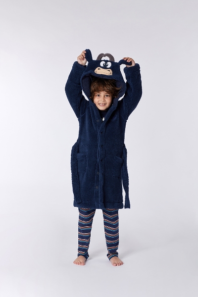 Resim 2-8 Yaş Yumuşak Bornoz Sabahlık-Rom - 885-Boğa Temalı Koyu Lacivert