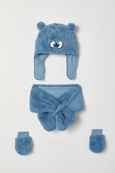 Resim Atkı Bere Eldiven Takımı-Lws - 858-Rakun Temalı Duman Mavisi