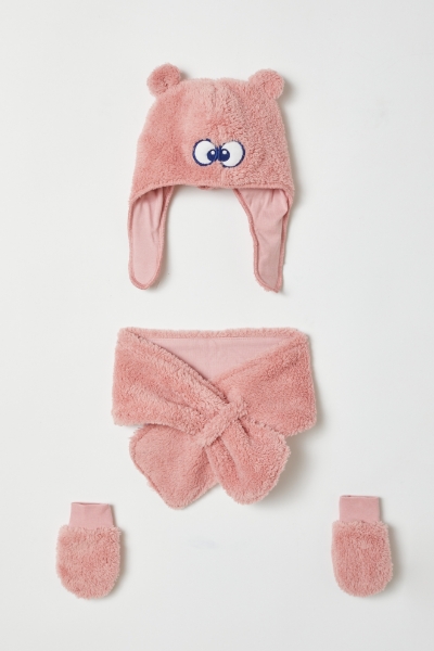 Resim Atkı Bere Eldiven Takımı-Lws - 428-Rakun Temalı Pembe