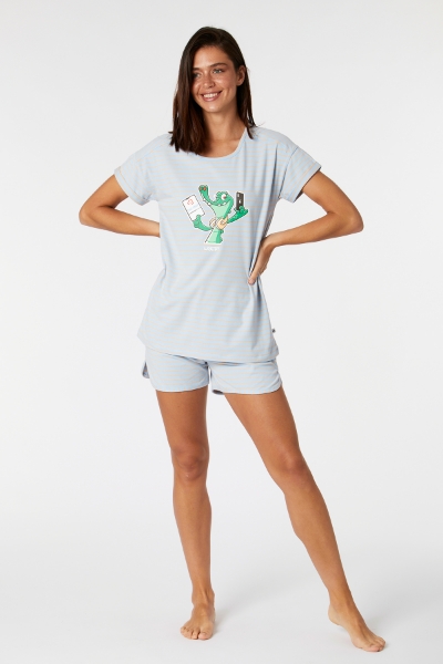 Resim Kadın Pijama-Pzg - 951-Krokodil Temalı Mavi Çizgili