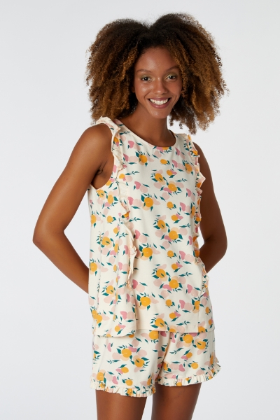 Resim Kadın Pijama-Ypc - 973-Şeftali Baskılı Ekru