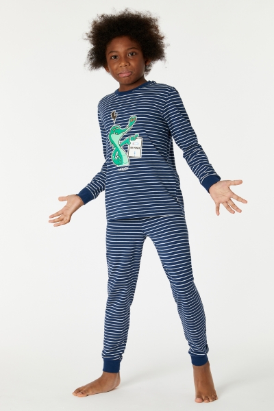 Resim 10-16 Yaş Erkek Çocuk Pijama-Pzl - 981-Krokodil Temalı Lacivert Çizgili