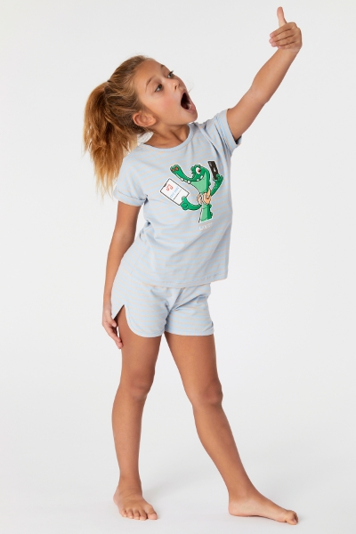 Resim 2-8 Yaş Kız Çocuk Pijama-Pzg - 951-Krokodil Temalı Mavi Çizgili