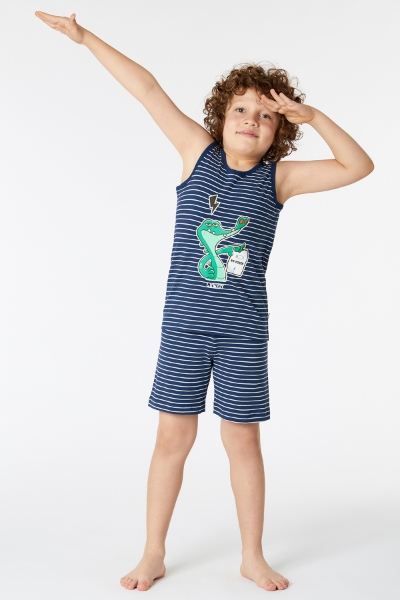 Resim 2-8 Yaş Erkek Çocuk Pijama-Pzc - 981-Krokodil Temalı Lacivert Çizgili