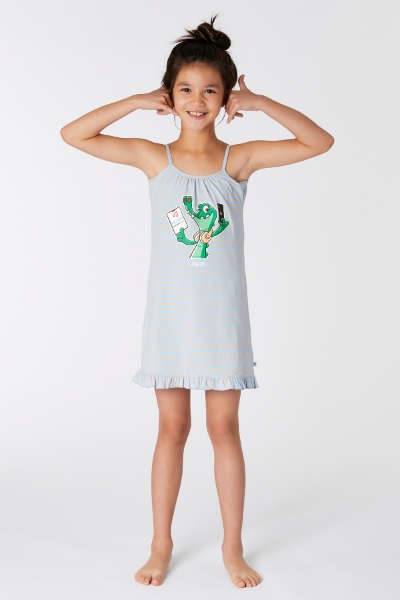 Resim 10-16 Kız Çocuk Gecelik-Dzb - 951-Krokodil Temalı Mavi Çizgili
