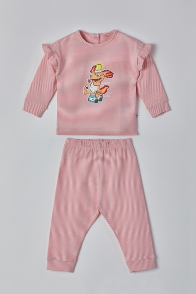 Resim Pamuklu Kız Bebek Pijama-Pzb - 943-Semender Temalı Çizgili Pembe 