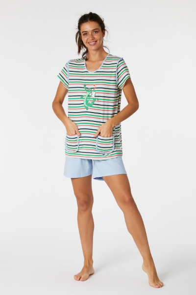 Resim Kadın Pijama-Psg - 910-Krokodil Temalı Çizgili Yeşil 