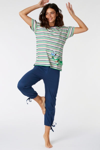 Resim Kadın Pijama-Bsk - 910-Krokodil Temalı Çizgili Yeşil 