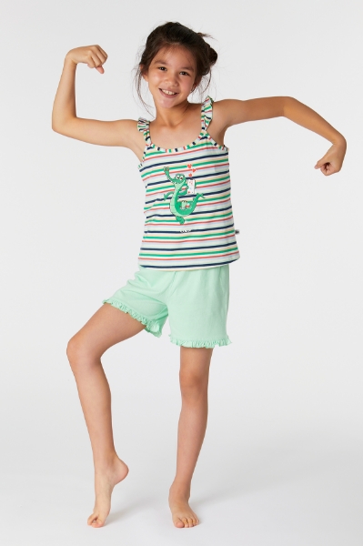 Resim 2-8 Yaş Kız Çocuk Pijama-Psp - 910-Krokodil Temalı Çizgili Yeşil 