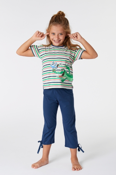 Resim 2-8 Yaş Kız Çocuk Pijama-Bsk - 910-Krokodil Temalı Çizgili Yeşil 
