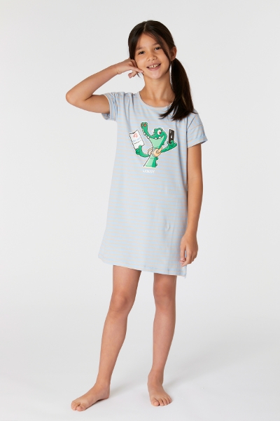 Resim 2-8 Kız Çocuk Gecelik-Dza - 951-Krokodil Temalı Mavi Çizgili