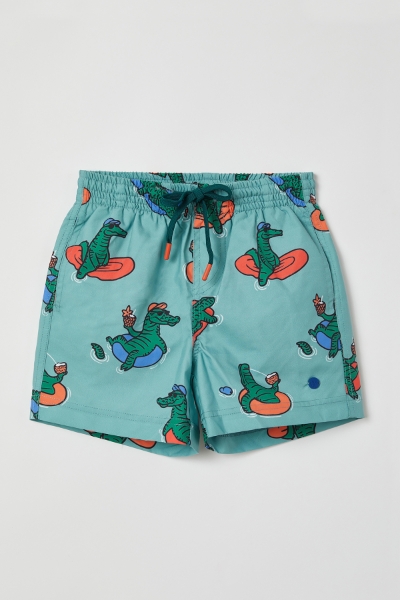 Resim Deniz Şortu-Qww - 925-Krokodil Baskılı Su Yeşili