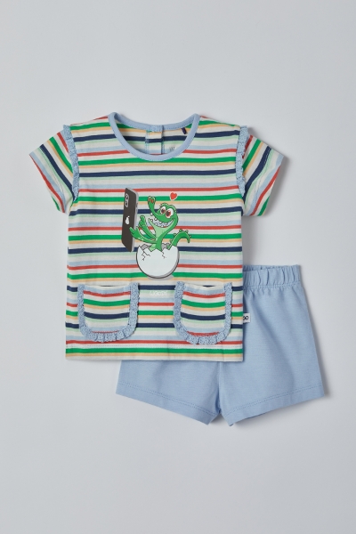 Resim Pamuklu Kız Bebek Pijama-Psg - 910-Krokodil Temalı Çizgili Yeşil 