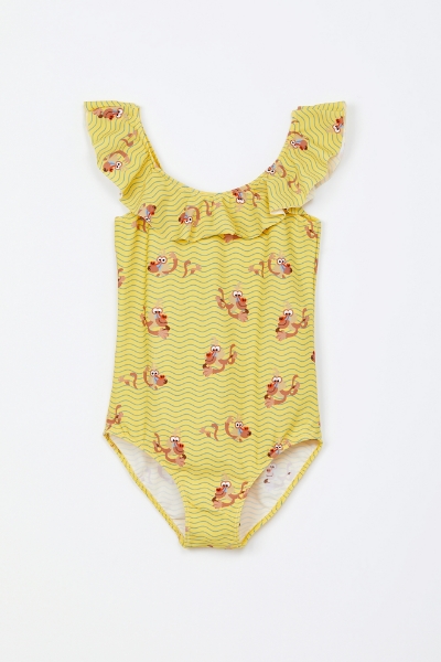 Resim 10-16 Yaş Kız Çocuk UPF50+ Korumalı Mayo-Zwb - 911-Mandril Baskılı Sarı