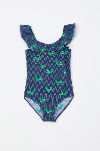 Resim 2-8 Yaş Kız Çocuk UPF50+ Korumalı Mayo-Zwb - 906-Krokodil Baskılı Lacivert