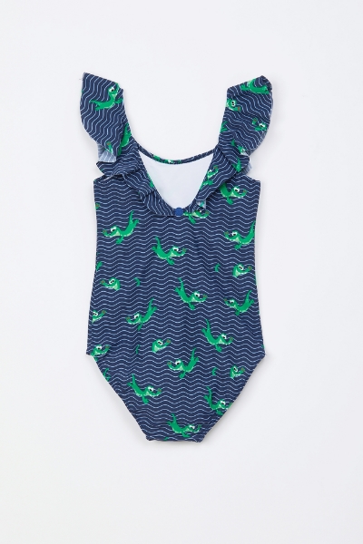 Resim 2-8 Yaş Kız Çocuk UPF50+ Korumalı Mayo-Zwb - 906-Krokodil Baskılı Lacivert