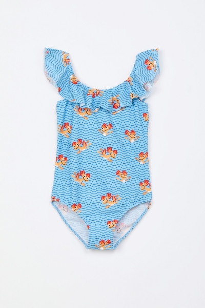 Resim 10-16 Yaş Kız Çocuk UPF50+ Korumalı Mayo-Zwb - 922-Semender Baskılı Mavi Çizgili