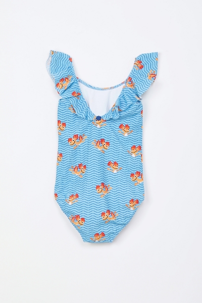 Resim 2-8 Yaş Kız Çocuk UPF50+ Korumalı Mayo-Zwb - 922-Semender Baskılı Mavi Çizgili