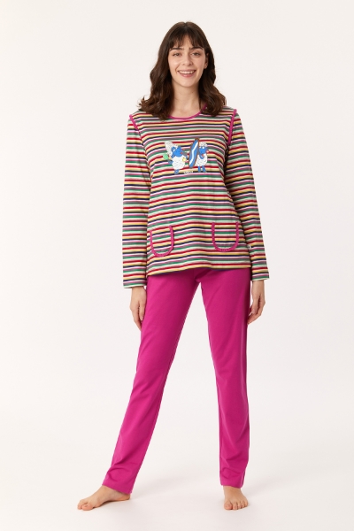 Resim Kadın Pijama-Plg - 921-Koyun Temalı Çok Renkli Çizgili Fuşya
