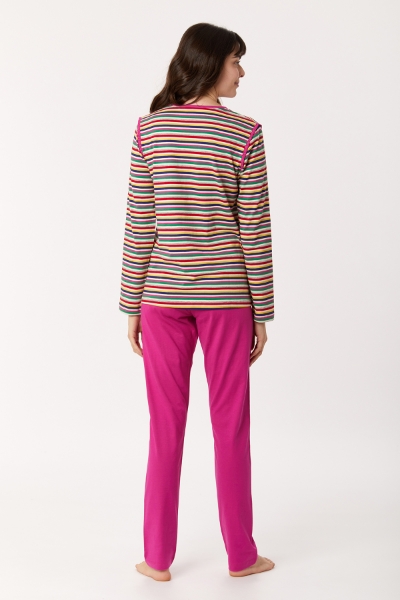 Resim Kadın Pijama-Plg - 921-Koyun Temalı Çok Renkli Çizgili Fuşya